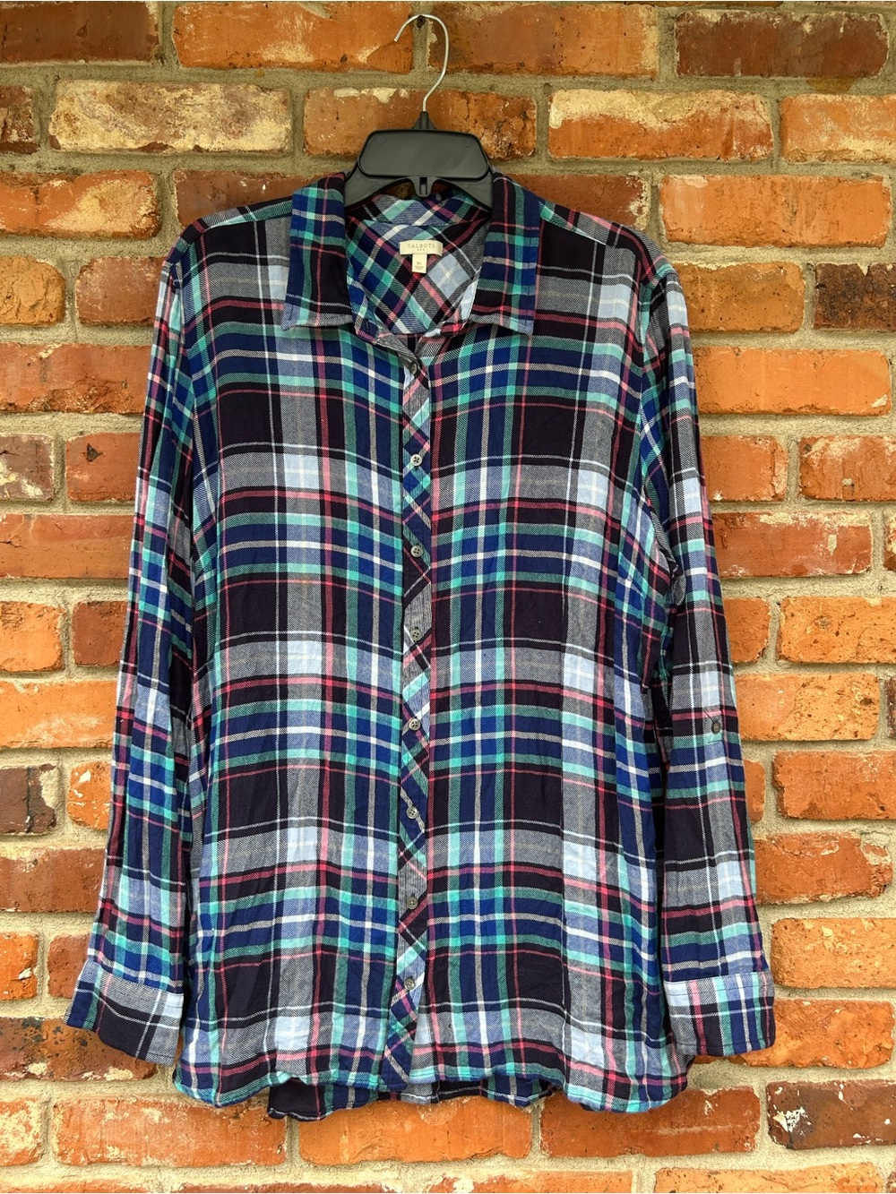 Talbots Soft Lightweight Casual Plaid Button-Up Shirt Roll Tab Sleeves XL